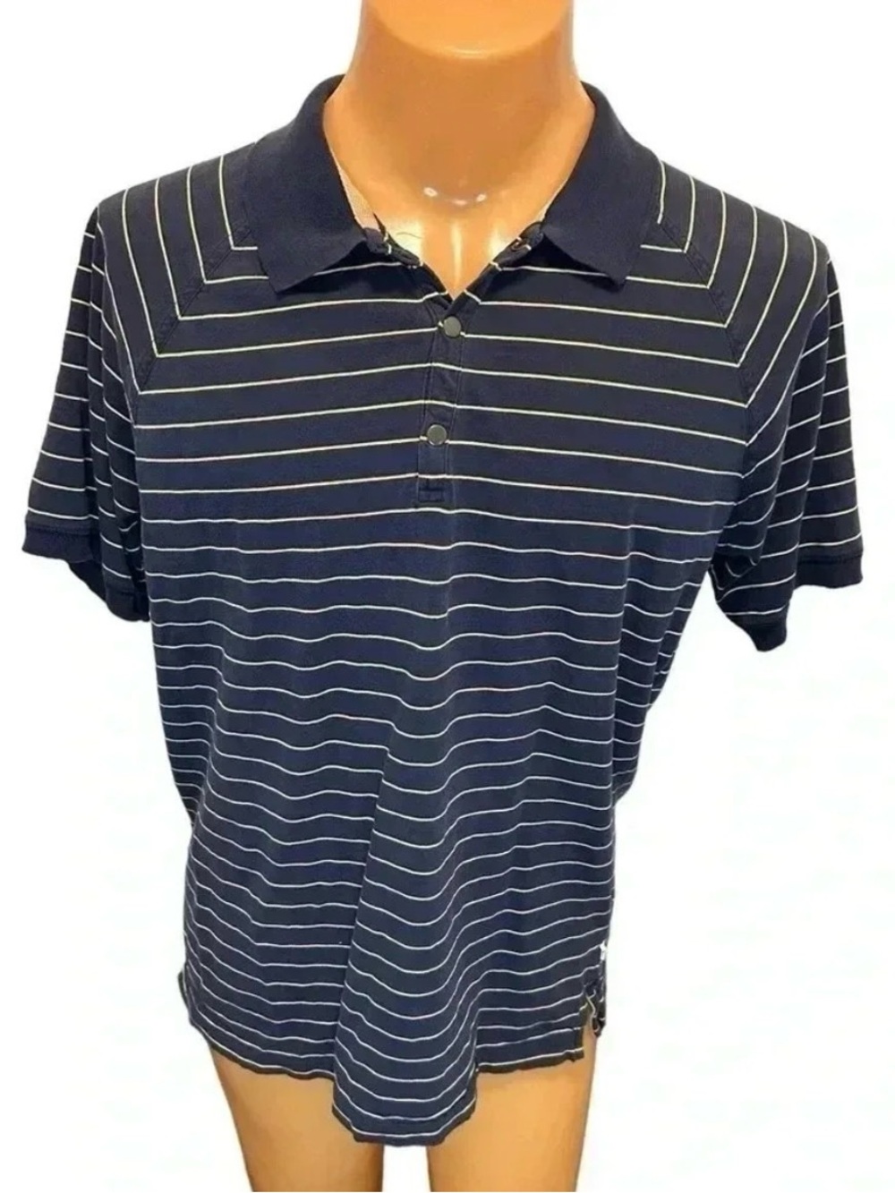 American Eagle Polo Shirt Blue Vintage Slim Fit Striped Snap Button Y2K Large